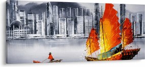 Tablou - Victoria Harbour, Hong Kong, pictură în ulei alb- negru (120x50 cm)