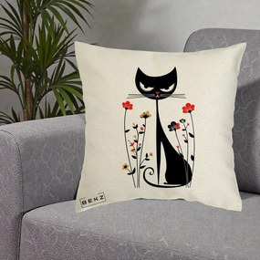 Perna Decorativa Pisica Neagra Grafica Flori Rosii, 40x40 cm, Ecru, Husa Detasabila, Perna Inclusa, BEKZ®