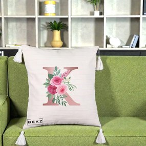 Cadou Personalizat - Perna Personalizata Monograma Rose Gold Litera K, 40x40 cm, Bej cu Franjuri, Husa Detasabila, Perna Inclusa, BEKZ®