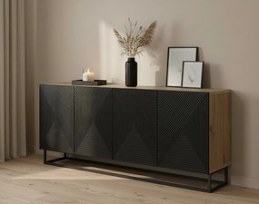Comodă cu patru uși Asha 200 cm pe cadru - artisan / rivier stone mat / negru mat