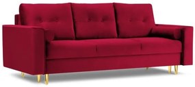 Canapea extensibila 3 locuri Leona cu tapiterie din catifea si picioare din metal auriu, rosu