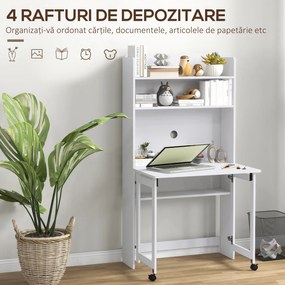 HOMCOM Birou cu Rafturi, Blat Pliabil, 2 Roți și 4 Rafturi, Birou Compact Modern cu Orificiu pentru Cabluri, Masă pentru Computer, Casă Birou Cameră de Studiu, 80x69x155 cm, Alb | Aosom Romania