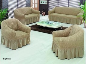 Set huse elastice si creponate pentru canapea 3 locuri, canapea 2 locuri si 1 fotoliu, cu volanas, Bej Inchis