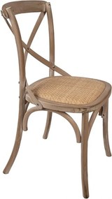 Scaun dining din lemn masiv și răchită, maro, cu spătar în X prins în șuruburi și șezut împletit, finisaj natur, 88 x 42 x 44 cm, „Odile”