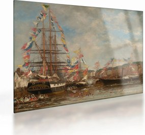 Tablou pe sticlă - Eugène Boudin, Festival in the Harbor of Honfleur, reproducere (70x50 cm)