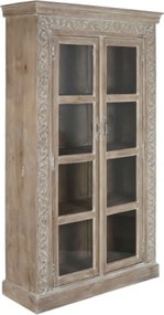 Vitrină sculptată manual din lemn masiv de mango, finisaj décapé alb, 2 uși vitrate, 3 rafturi, 120×44×210 cm, „Jaipur"