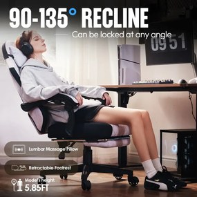DOWINX 6650F - Scaun Gaming Ergonomic, Masaj in perna lombara, Șezut cu Arcuri Metalice și Spumă, Suport pentru picioare, Rabatabil 90°–135°, Rezistent 136 kg, Material textil, Gri
