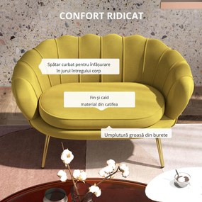 HOMCOM Canapea Modernă de 2 Locuri cu Brațe și Șezut Căptușit, pentru Dormitor și Sufragerie, 130x77x77 cm, Galben | Aosom Romania
