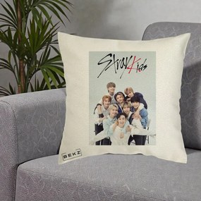 Perna Personalizata K-pop Stray Kids cu Foto Grup Alb-Albastru, 40x40 cm, Ecru, Husa Detasabila, Perna Inclusa, BEKZ®