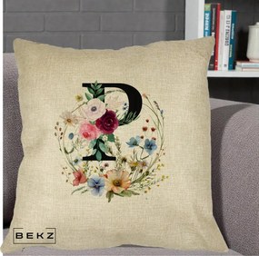 Cadou Personalizat - Perna Personalizata Monogram Litera P cu Flori Acuarela, 40x40 cm, Crem, Husa Detasabila, Perna Inclusa, BEKZ®