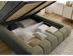Pat matrimonial verde tapițat cu spațiu de depozitare cu somieră 180x200 cm Denali – Bobochic Paris