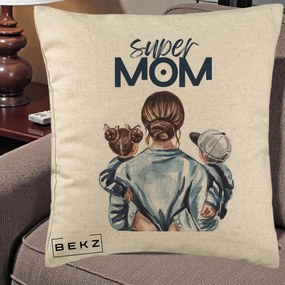 Cadou pentru Mama - Perna Personalizata Super Mom, 40x40 cm, Bej, Husa Detasabila, Perna Inclusa, BEKZ®