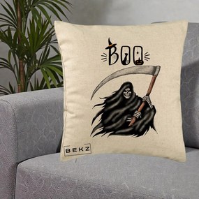 Perna Decorativa Halloween Boo Grim Reaper cu Coasa, 40x40 cm, Bej, Husa Detasabila, Perna Inclusa, BEKZ®