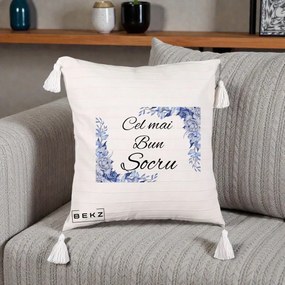 Cadou pentru Socru - Perna Personalizata Cel mai Bun Socru cu Flori Albastre Acuarela, 40x40 cm, Bej cu Franjuri, Husa Detasabila, Perna Inclusa, BEKZ®