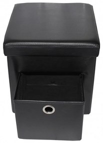 Taburet cu cutie de depozitare si sertar HouseXL™ 6100, Dimensiuni 38X38X38cm, Max 150 kg, Capac moale din piele ecologica, Negru