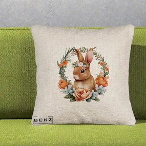 Perna Decorativa Iepuras Floral Coronita Acuarela, 40x40 cm, Bej Canapea, Husa Detasabila, Perna Inclusa, BEKZ®