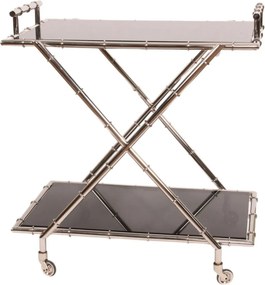 Cărucior de servire din oțel și sticlă, argintiu, cu două rafturi din sticlă, pe roți, cu picioare încrucișate, finisaj patinat, 88 x 82 x 56 cm,