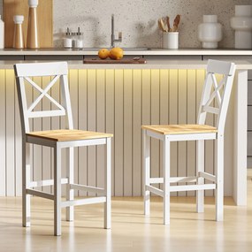HOMCOM Set de 2 Taburete de Bar, Taburete de Bucătărie Înaltă cu Spătar Înalt, Suporturi pentru Picioare, din Lemn de Pin, Natural și Alb | Aosom Romania