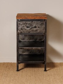 Noptieră rustică din metal și lemn reciclat, gri și natur, cu sertar, 2 rafturi și blat cu fibra brăzdată, 70 x 39 x 42 cm, „Oregon”