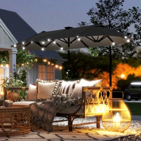 Outsunny Umbrelă dublă, umbrelă pentru terasă, înclinabilă, cu panou solar, 35 LED-uri, cadru din oțel, gri, 2,92 x 1,50 x 2,18 m | Aosom Romania