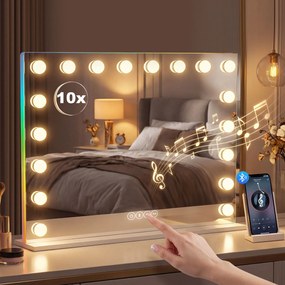HOMCOM Oglindă Hollywood pentru machiaj cu 18 lămpi LED reglabile, 3 culori, lumină RGB, difuzor Bluetooth, mărire 10x Alb | Aosom Romania