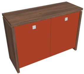 Dulap mic Verno 128 x 46 x 90 cm, uși de sticlă, nuc / portocaliu