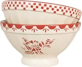 Bol din ceramică artizanală, natur, cu motive florale pictate manual roșu și bordură decorativă, 23×12 cm, „Marion"