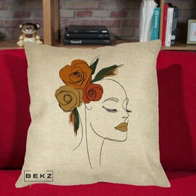 Perna Decorativa Portret Feminin Trandafiri Ruginii, 40x40 cm, Crem, Husa Detasabila, Perna Inclusa, BEKZ®