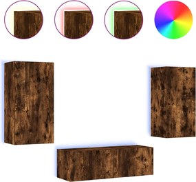 vidaXL Comode TV de perete cu lumini LED, 3 piese, stejar fumuriu