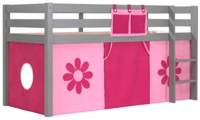Pat copii supraînălțat Vanessa din lemn masiv de pin, gri lăcuit, cu husă Pink Flower pentru copii [Dimensiuni: 208x98x114 cm]