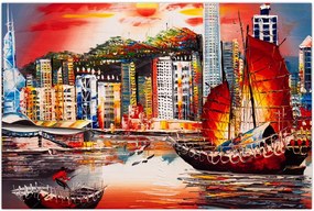 Tablou - Victoria Harbour, Hong Kong, pictură în ulei (90x60 cm)