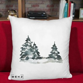 Perna Decorativa Brazi Inzapeziti Acuarela, 40x40 cm, Alb Pufos, Husa Detasabila, Perna Inclusa, BEKZ®