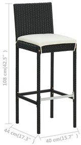 Set mobilier bar de gradina cu perne, 3 piese, negru, poliratan Negru, Lungime masa 60 cm, 3