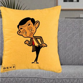 Perna Personalizata Mr. Bean Caricatura, 40x40 cm, Galben, Husa Detasabila, Perna Inclusa, BEKZ®
