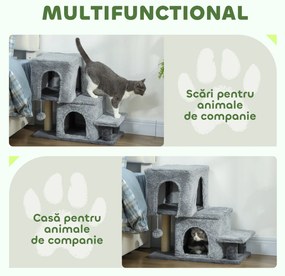 PawHut Scara pentru Pisici cu 4 Trepte Reglabile, 2 Căsuțe și Stâlp pentru Zgâriat Gri | Aosom Romania