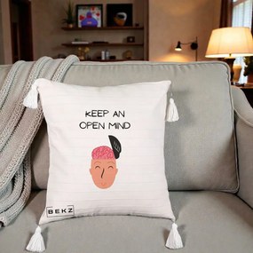 Perna Decorativa Keep An Open Mind, 40x40 cm, Bej cu Franjuri, Husa Detasabila, Perna Inclusa, BEKZ®
