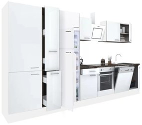 Mobilă de bucătărie Yorki 370, corp alb, față alb satinat cu element inferior al cuptorului, dulap cu rafturi și frigider cu congelator superior