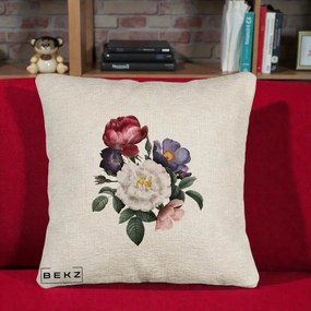 Perna Decorativa Buchet Trandafiri Bujori Botanical, 40x40 cm, Bej Canapea, Husa Detasabila, Perna Inclusa, BEKZ®