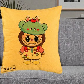Perna Personalizata Labubu x Urs Albastru Colorat, 40x40 cm, Galben, Husa Detasabila, Perna Inclusa, BEKZ®