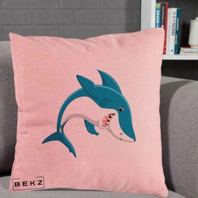 Perna Decorativa Rechin Albastru Cartoon, 40x40 cm, Roz, Husa Detasabila, Perna Inclusa, BEKZ®