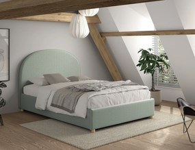Pat tapițat pentru copii MOON, 140 x 200 cm, verde, cu țesătură bouclé și spațiu de depozitare – Vipack