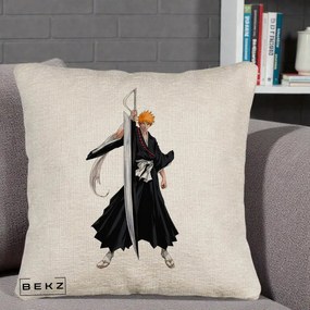 Perna Personalizata Bleach Ichigo Kurosaki Zangetsu, 40x40 cm, Bej Canapea, Husa Detasabila, Perna Inclusa, BEKZ®