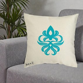 Perna Decorativa Ornament Turcoaz Fleur de Lis, 40x40 cm, Ecru, Husa Detasabila, Perna Inclusa, BEKZ®