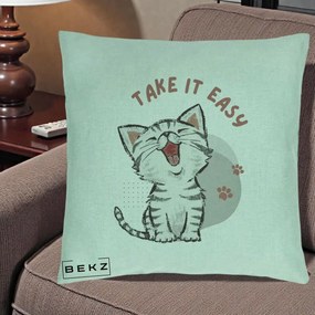Perna Personalizata Take It Easy Cat, 40x40 cm, Verde Menta, Husa Detasabila, Perna Inclusa, BEKZ®
