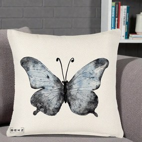 Perna Decorativa Fluture Acuarela Albastru-Gri, 40x40 cm, Crem Reliefat, Husa Detasabila, Perna Inclusa, BEKZ®