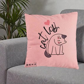 Perna Personalizata Cat Lover Pisica Ilustratie Linie, 40x40 cm, Roz, Husa Detasabila, Perna Inclusa, BEKZ®