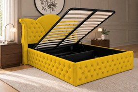 Pat tapițat Chesterfield din catifea Velora Deluxe 140×200 cm, galben muștar, cu ladă de depozitare