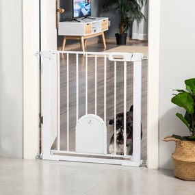 PawHut Barieră Reglabilă pentru Câini cu Ușă Mică, Montare prin Presiune și Închidere Automată, Dimensiune 75-103x76 cm, Alb | Aosom România
