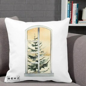 Perna Decorativa Fereastra cu Brad de Iarna, 40x40 cm, Alba Mata, Husa Detasabila, Perna Inclusa, BEKZ®