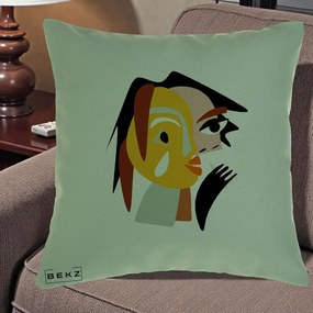 Perna Decorativa Portret Abstract Galben-Ocru, 40x40 cm, Verde, Husa Detasabila, Perna Inclusa, BEKZ®
